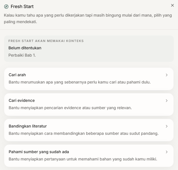 Panel Fresh Start di aplikasi SkripsiNext